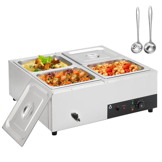 Garvee Commercial Food Warmer 4 Pan, 4x12QT Bain Marie Buffet Server and Warmer, Stainelss Steel Electric Steam Table with Lids & Ladles for Buffet Catering Parties Restaurants, Silver