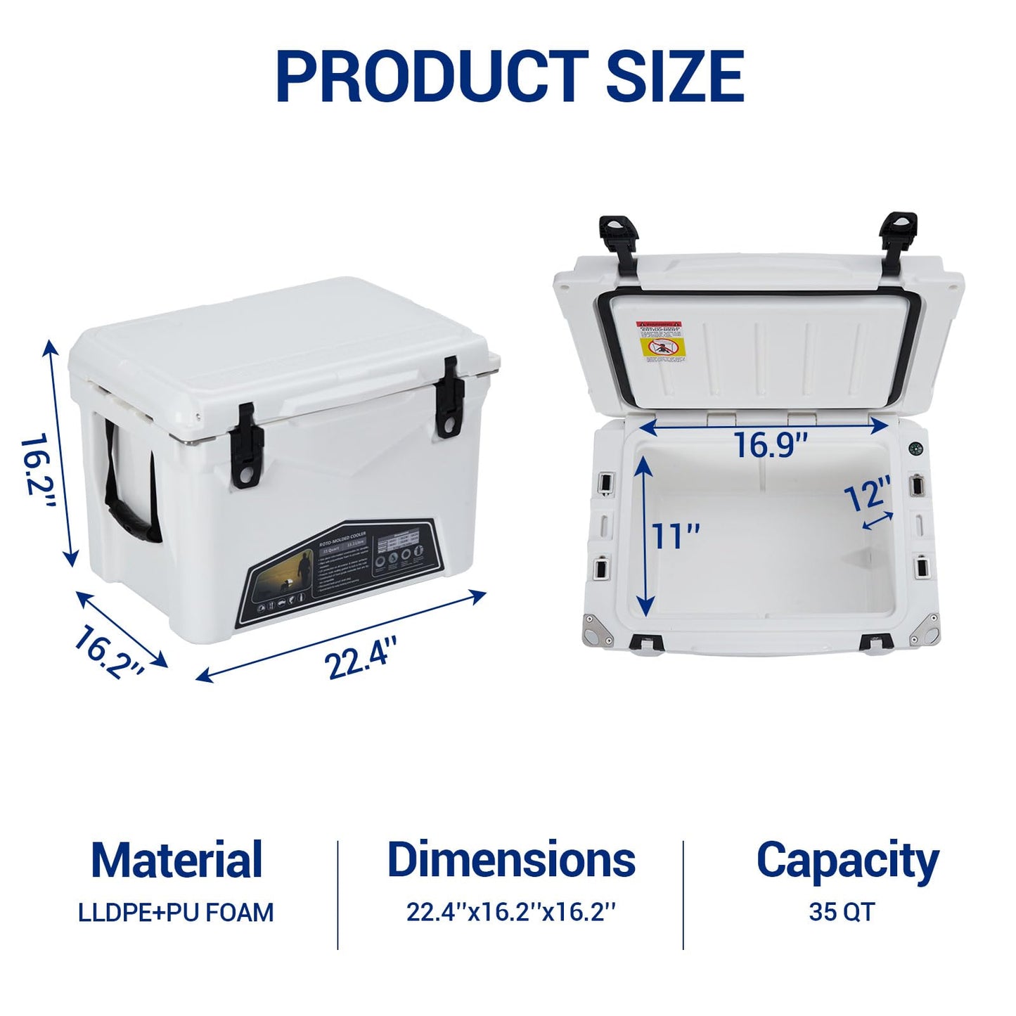 Garvee 35 Qt Portable Ice Cooler – Heavy Duty Ice Chest with Cup Holder, Fish Ruler, Bottle Opener, Easy Drainage, Durable LLPDE & PU, Leak-Proof Design for Camping, Beach, Boat, Fishing, Picnic, Travel