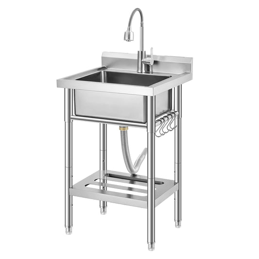 Garvee 20"D X 22"W X 38"H Stainless Steel Utility Sink Free Standing Single Bowl Kitchen Sink Adjustable Leg Height with Faucet Indoor Outdoor Farmhouse
