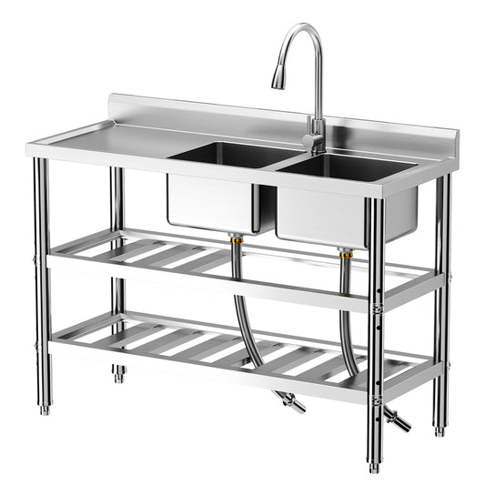 GARVEE 47"x18"x35" Stainless Steel Double Bowl Utility Sink with 360° Rotating Faucets High-Quality Build Ideal for Restaurant Garage Outdoor Cleaning Tasks