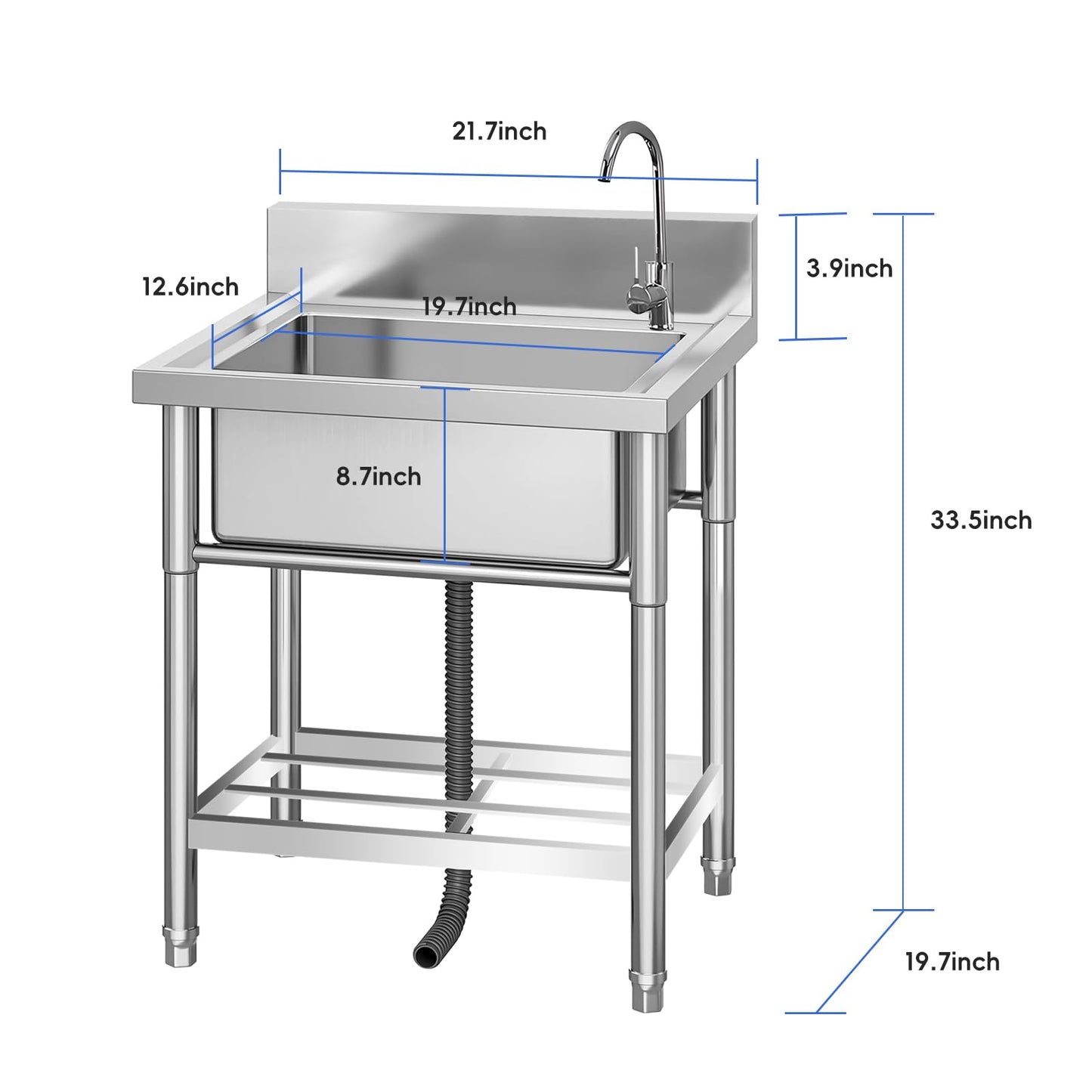Garvee 19.7"W x 21.7"D x 33.5"H Freestanding Single Bowl Sink - Utility Prep Sink with Undershelf, Faucet, Hot & Cold Water Pipes for Restaurant, Laundry, Garage, Bar, Workshop