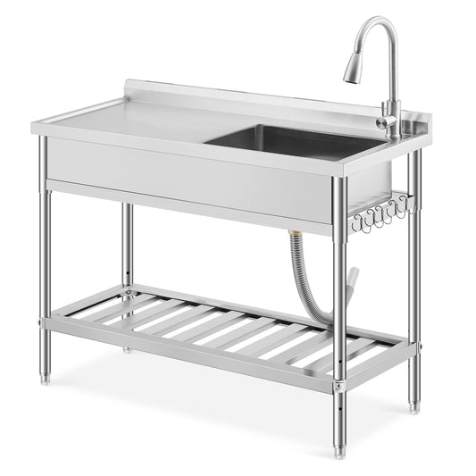 Garvee 47"W X 20"D X 37"H Freestanding Stainless Steel Utility Sink with Workbench, Adjustable Legs, Storage Shelf, Knife Holder for Commercial Kitchen, Silver