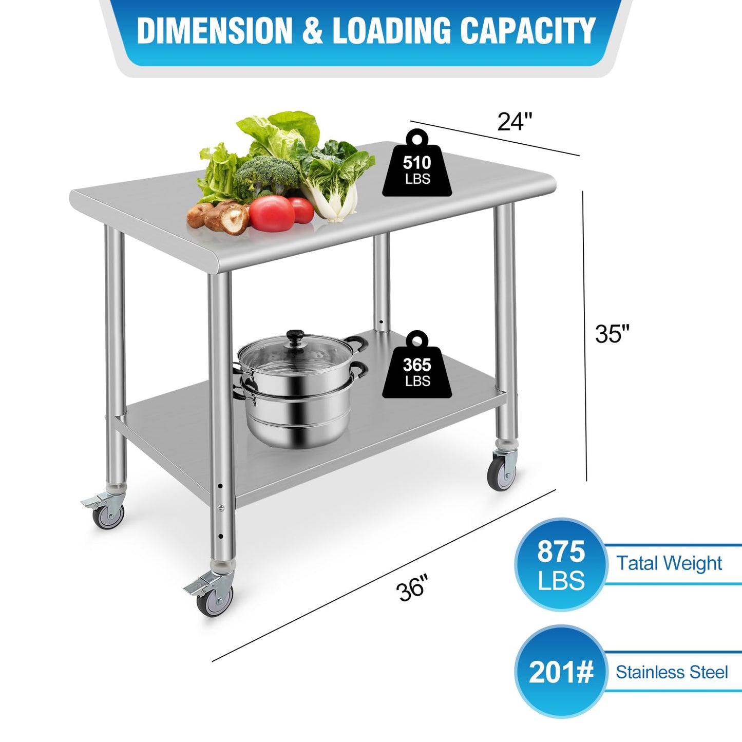 GARVEE 36"L x 24"W x 35"H Stainless Steel Prep Table - NSF Certified Heavy-Duty Commercial Kitchen Table with 4 Wheels and Undershelf for Outdoor Cooking, Dining Room, Garage, Laundry Room, and Kitchen