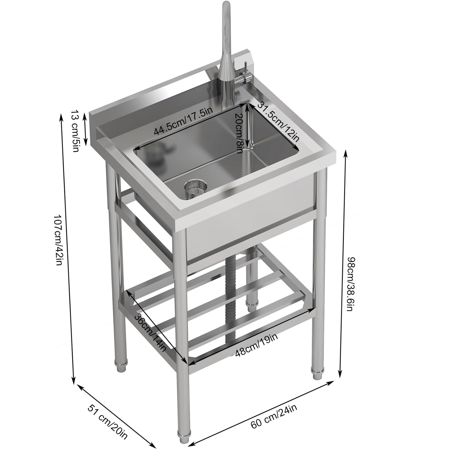 Garvee 24"W x 20"D x 42"H Stainless Steel Utility Sink - Free Standing Single Bowl with Hot & Cold Faucet for Kitchen, Laundry, Restaurant, Garage, Garden