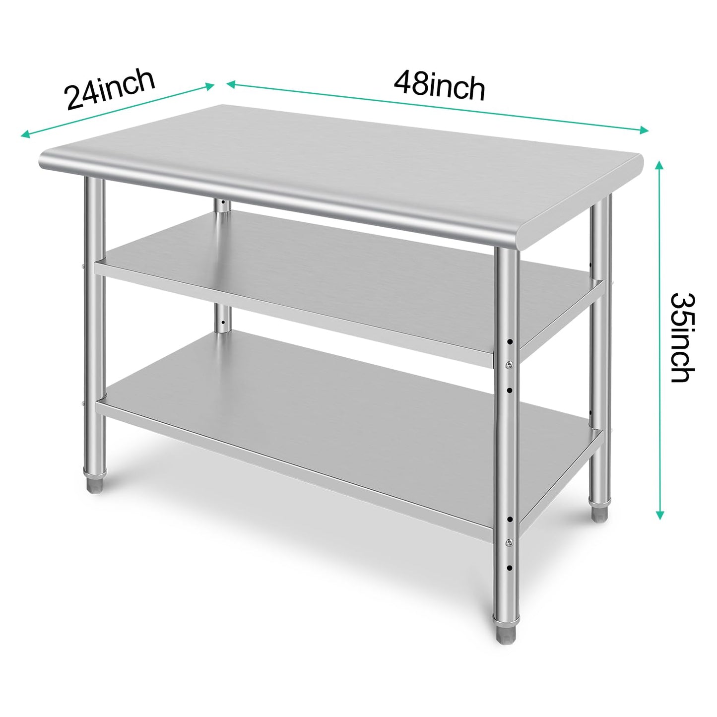 GARVEE 48"L x 24"W x 35"H Three-Layer Stainless Steel Work Table - NSF Certified, Heavy-Duty with Adjustable Feet and Polished Surface for Kitchen, Restaurant, and Home