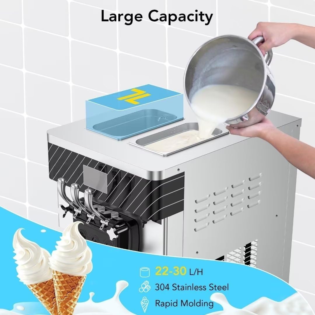 Garvee 2200W Commercial Soft Serve Ice Cream Machine, 8Gal/H High Output, 3-Flavor Mix & Auto-Clean for Cafes (14L Tank, Pre-Chill, 304 Steel)