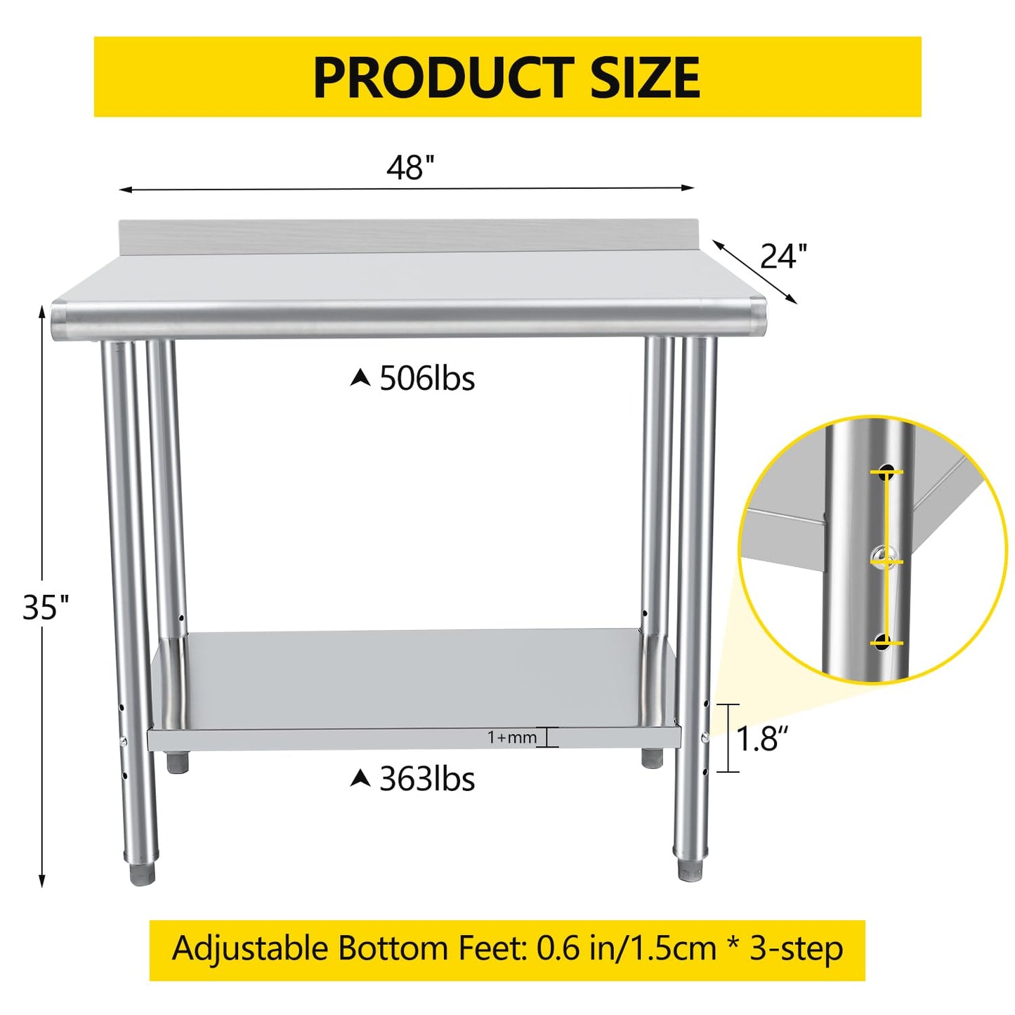 GARVEE 48"L x 24"W x 35"H Stainless Steel Prep Table - Commercial Heavy-Duty Work Table with Adjustable Undershelf and Backsplash for Kitchen, Restaurant, Home, and Hotel