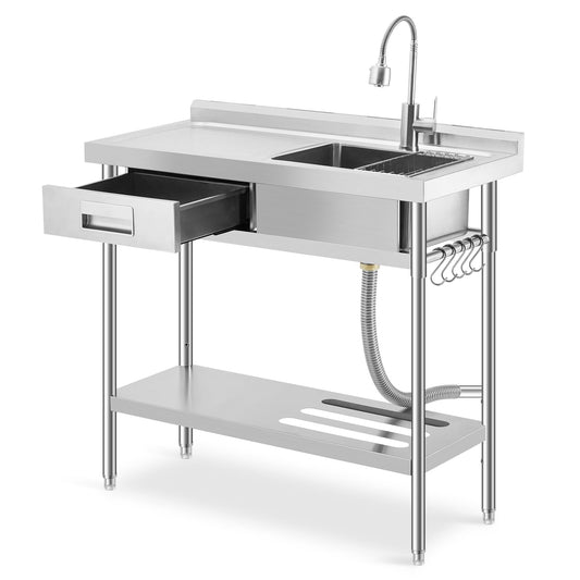 Garvee 24"D X 40"W X 32"H Freestanding Stainless Steel Utility Sink with Workbench, Left Drawer, Commercial Kitchen Sink, Hot & Cold Water Faucet, Adjustable Legs, Indoor Outdoor, Silver