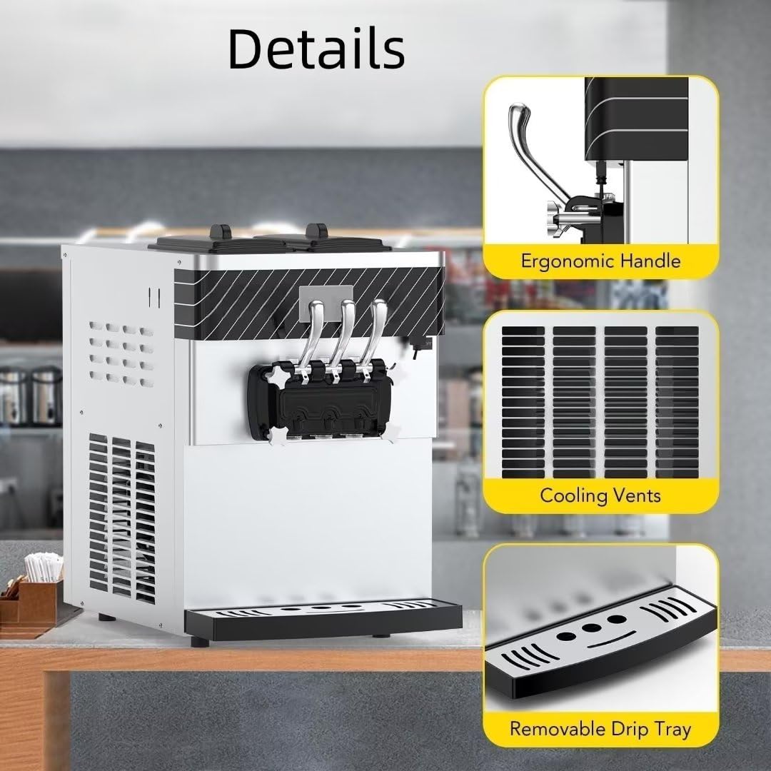 Garvee 2200W Commercial Soft Serve Ice Cream Machine, 8Gal/H High Output, 3-Flavor Mix & Auto-Clean for Cafes (14L Tank, Pre-Chill, 304 Steel)