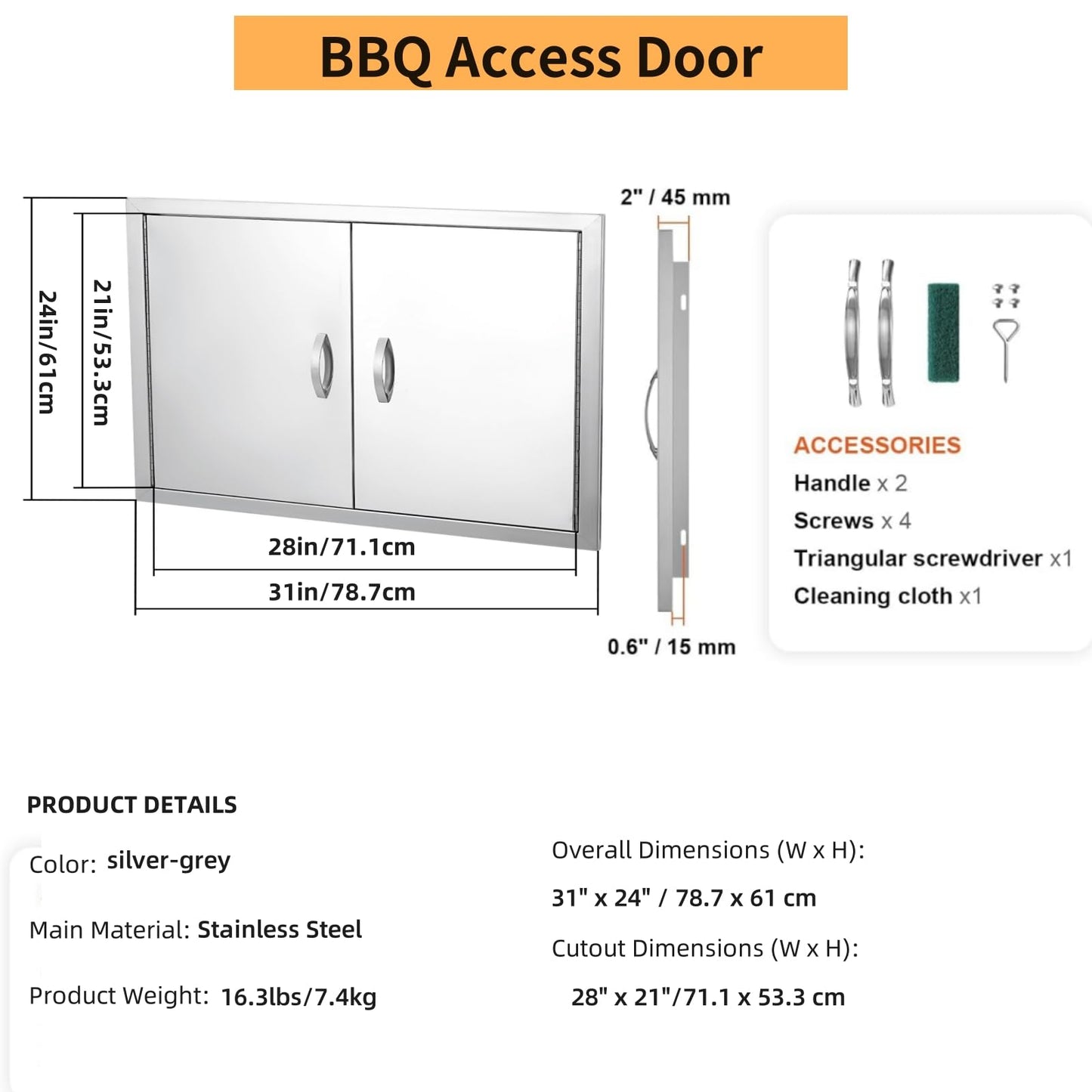 Garvee BBQ Access Door 31" W x 24" H, Double Outdoor Kitchen Door, Weatherproof Built in 304 Stainless Steel with Handle for Outside, Commercial, BBQ Island, Grilling Station, Outside Cabinet
