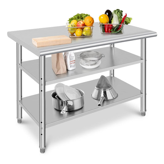 GARVEE 48"L x 24"W x 35"H Three-Layer Stainless Steel Work Table - NSF Certified, Heavy-Duty with Adjustable Feet and Polished Surface for Kitchen, Restaurant, and Home