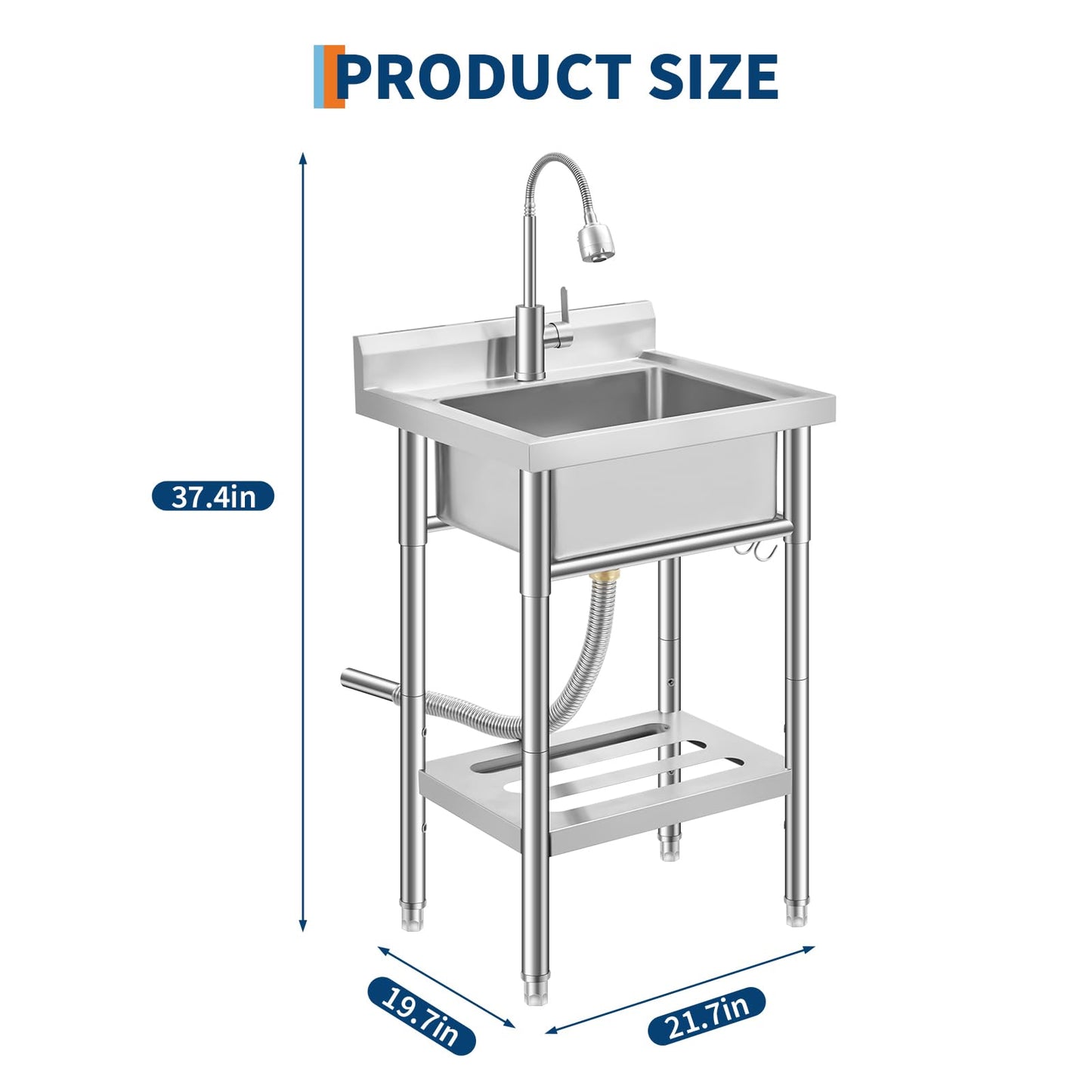 Garvee 20"D X 22"W X 38"H Stainless Steel Utility Sink Free Standing Single Bowl Kitchen Sink Adjustable Leg Height with Faucet Indoor Outdoor Farmhouse