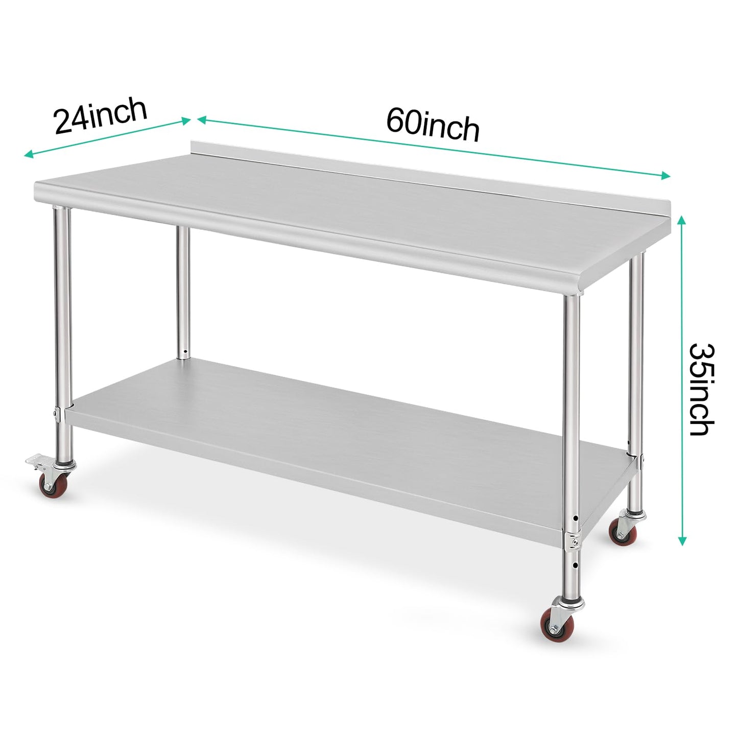 Garvee 60"L x 24"W x 35"H Stainless Steel Work Table with Wheel and Backsplash, Heavy Duty Metal Table Cart Worktable, Commercial Workstation for Restaurant, Home and Hotel