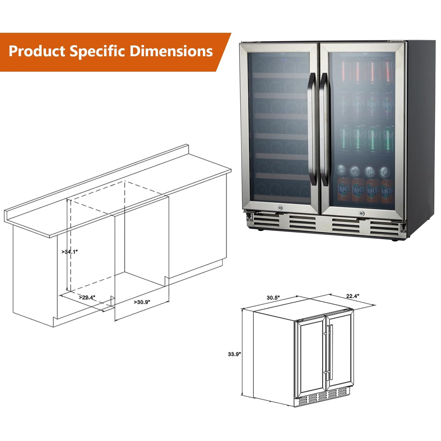 Garvee 30 Inch Wine and Beverage Refrigerator Dual Zone with Digital Temperature Control Safety Locks, Hold 33 Bottles and 100 Cans for Kitchens Bar