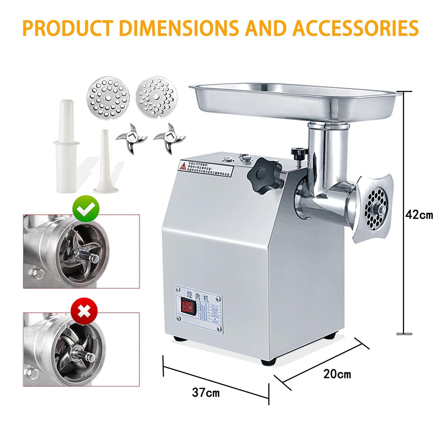 GARVEE Commercial Meat Grinder - 800W Max, Heavy-Duty Stainless Steel Electric Grinder, 265 lbs/H with 2 Blades, 2 Plates, and Sausage Stuffer Tube for Home Kitchen