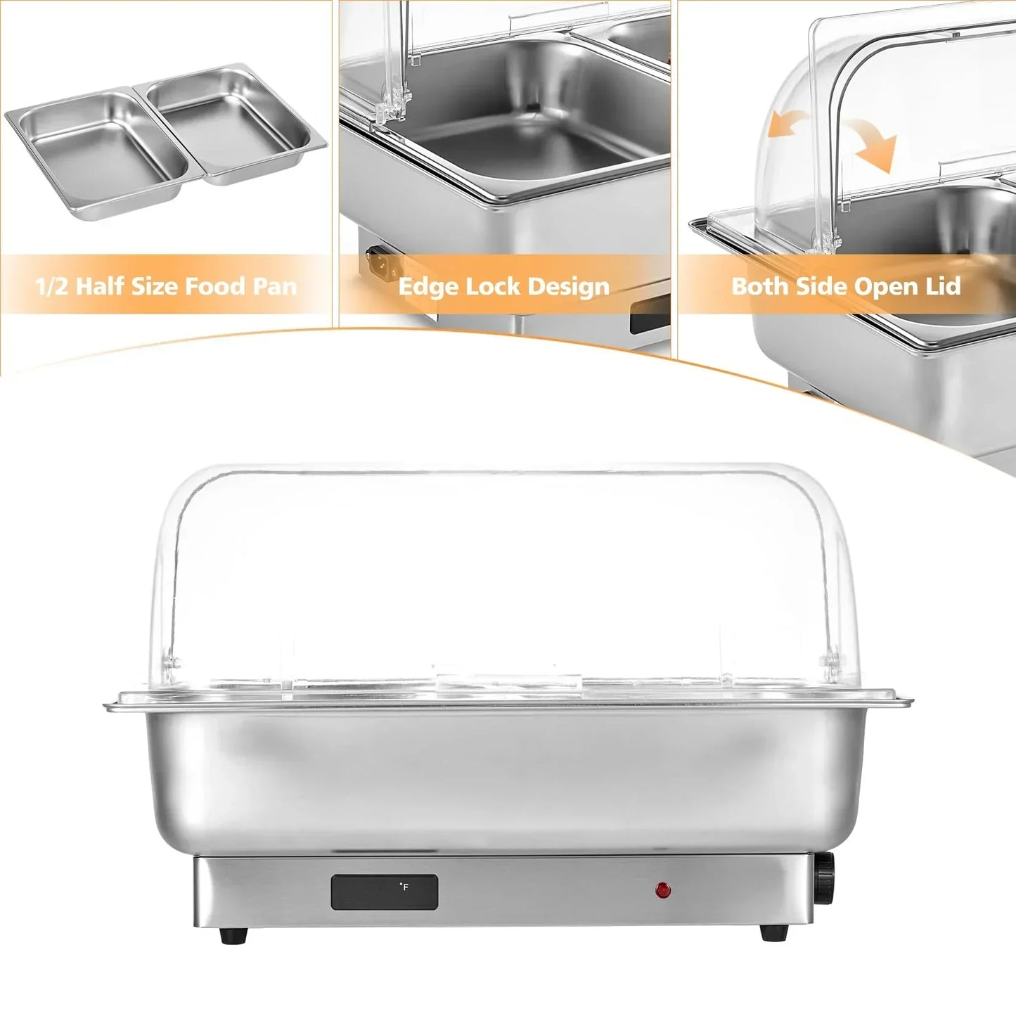 Garvee 9 QT Commercial Electric Chafing Dish Buffet Warmer – 2 Half-Size Trays, Adjustable Temp & Rotary Knob, Clear Lid for Weddings/Parties