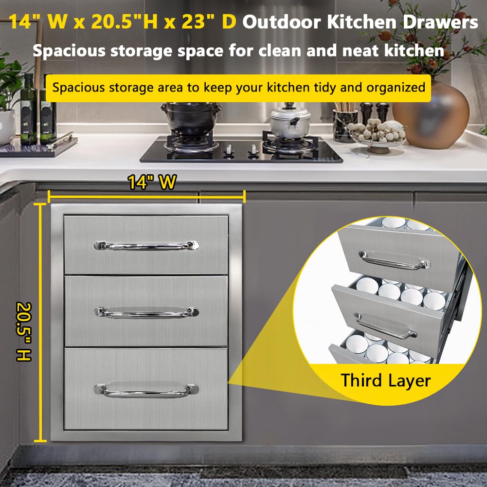 Garvee Stainless Steel SingleLayer BBQ Drawers for Outdoor Kitchen - 14 x20.5 x 23 Inch