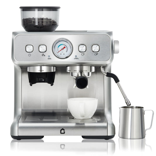 Garvee All-in-One Espresso 20-Bar Stainless Steel Espresso Machine with Grinder - Milk Frother, 2.8L Removable Water Tank, Perfect for Home and Office, Silver