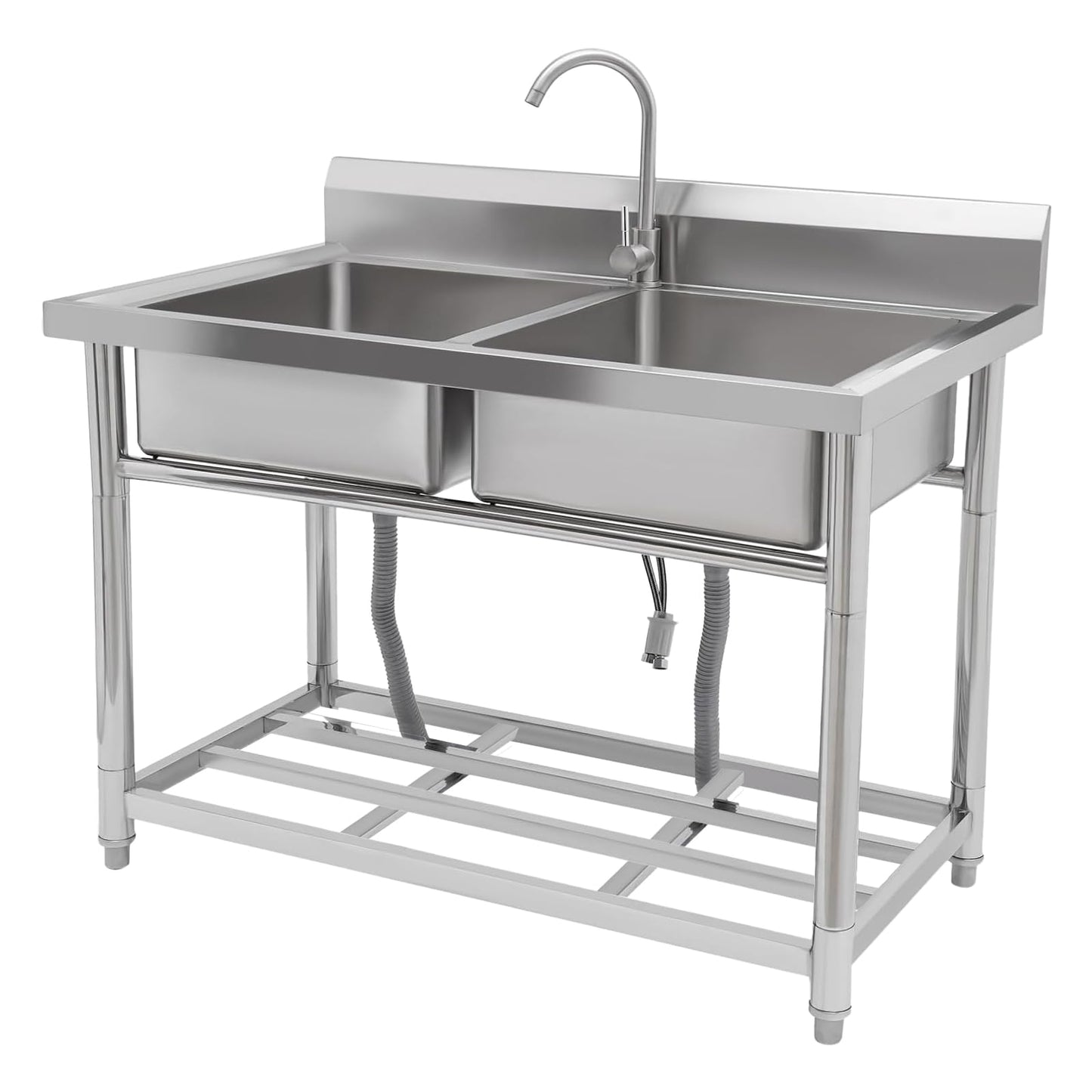 GARVEE 39.4"W x 19.7"D x 33.5"H Stainless Steel Utility Sink - Freestanding Double Bowl Prep Sink with Undershelf, Hot & Cold Water Pipes, and Faucet for Restaurants, Laundry Rooms, Garages, Bars, and Workshops