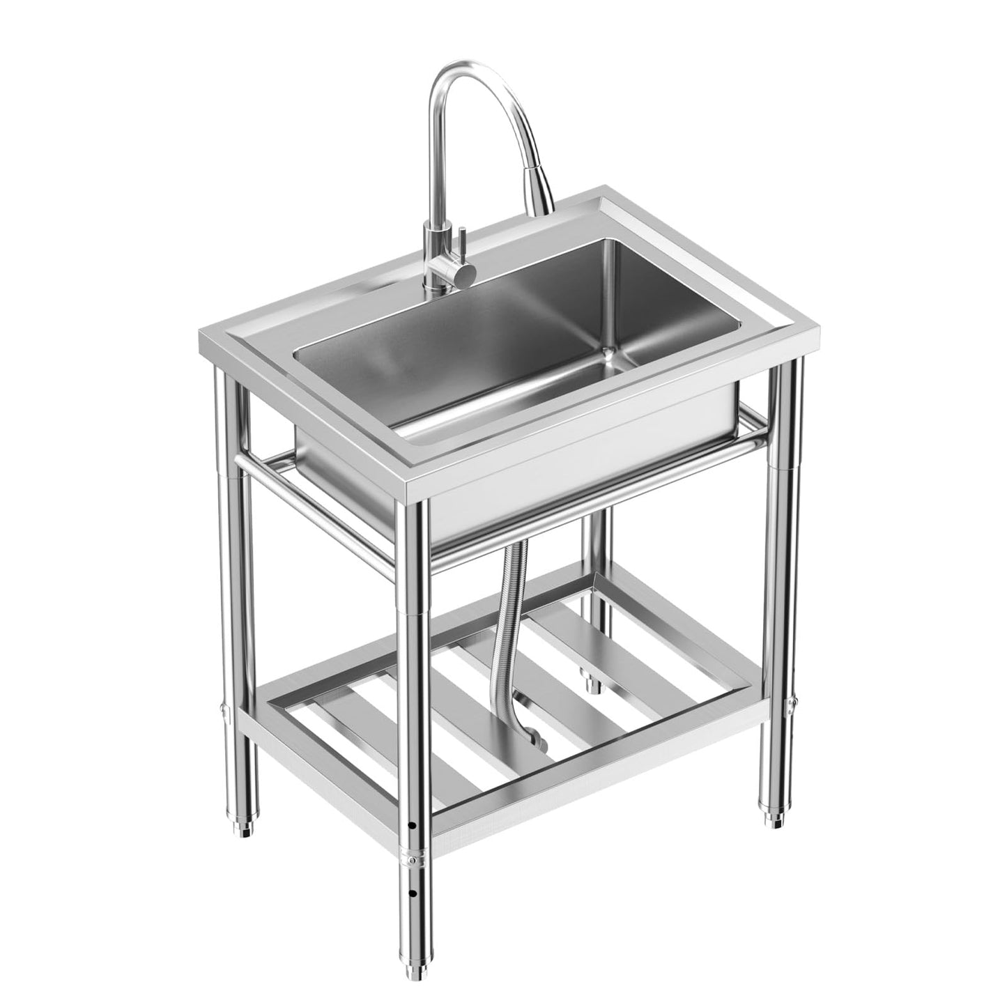 Garvee 28"W x 20"D x 34"H Freestanding Stainless Steel Single Bowl Kitchen Sink - 360° Rotating Faucet, Storage Shelf, Adjustable Legs, and Hot & Cold Hoses for Commercial Use