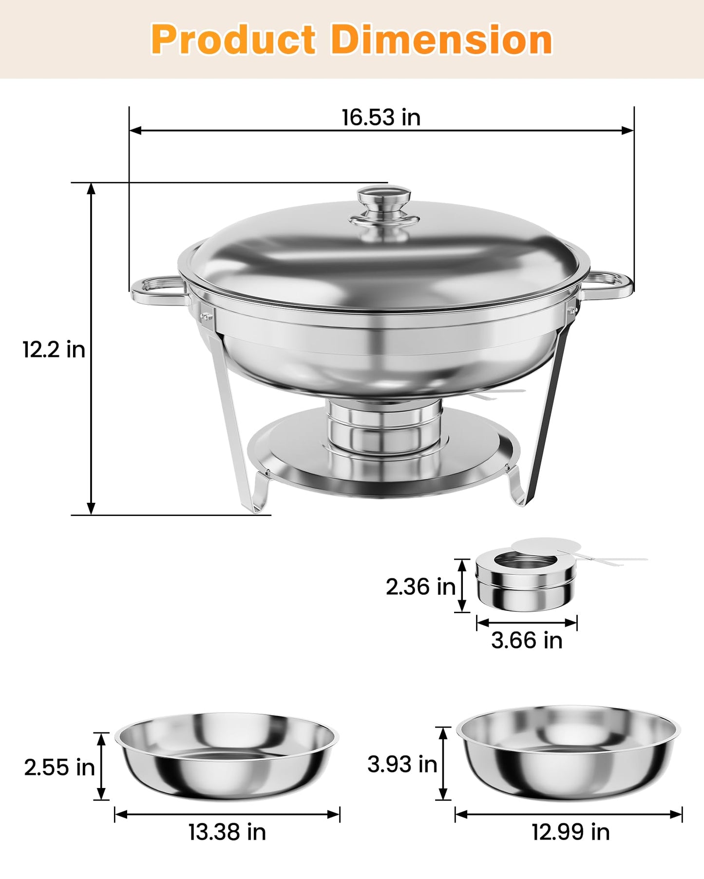Garvee 5QT Chafing Dish Buffet Set of 6 Pack, Round Stainless Steel Food Warmers Buffet Servers Sets, Chafer with Food & Water Pan, Lid, Frame, Fuel Holder for Catering and Parties