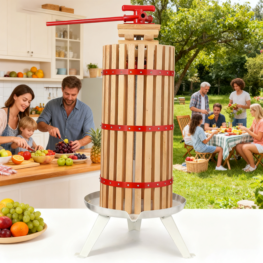 Garvee 7.9 Gal Manual Fruit Wine Press, Wood Steel Fruit and Wine Press With T-Handle, Stable Triangular Structure, Wine Making Press for Outdoor, Kitchen, Manual Assembly Required