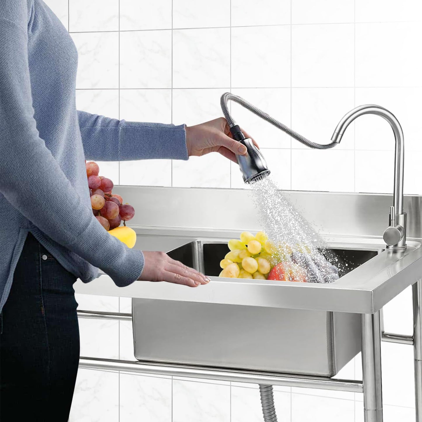 GARVEE 47.2"W x 19.7"D x 37.4"H Freestanding Stainless Steel Utility Sink - Single Bowl Prep Sink with Workbench, Hot & Cold Water Pipes, and Faucet for Restaurants, Laundry Rooms, Garages, Bars, and Workshops