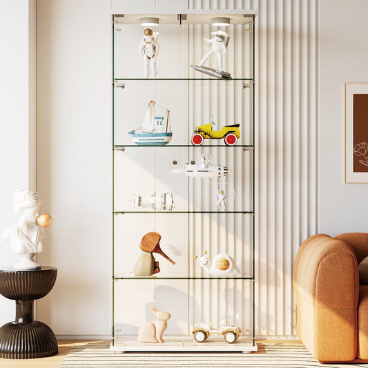 GARVEE Glass Display Case with LED Lights 32"L x 14"W x 74"H Tempered Glass Display Case, 5 Adjustable Lighted Bar Shelves with Lock, Slim Depth for Bar Bottle Storage, Living Room, Bedroom, or Office (White)