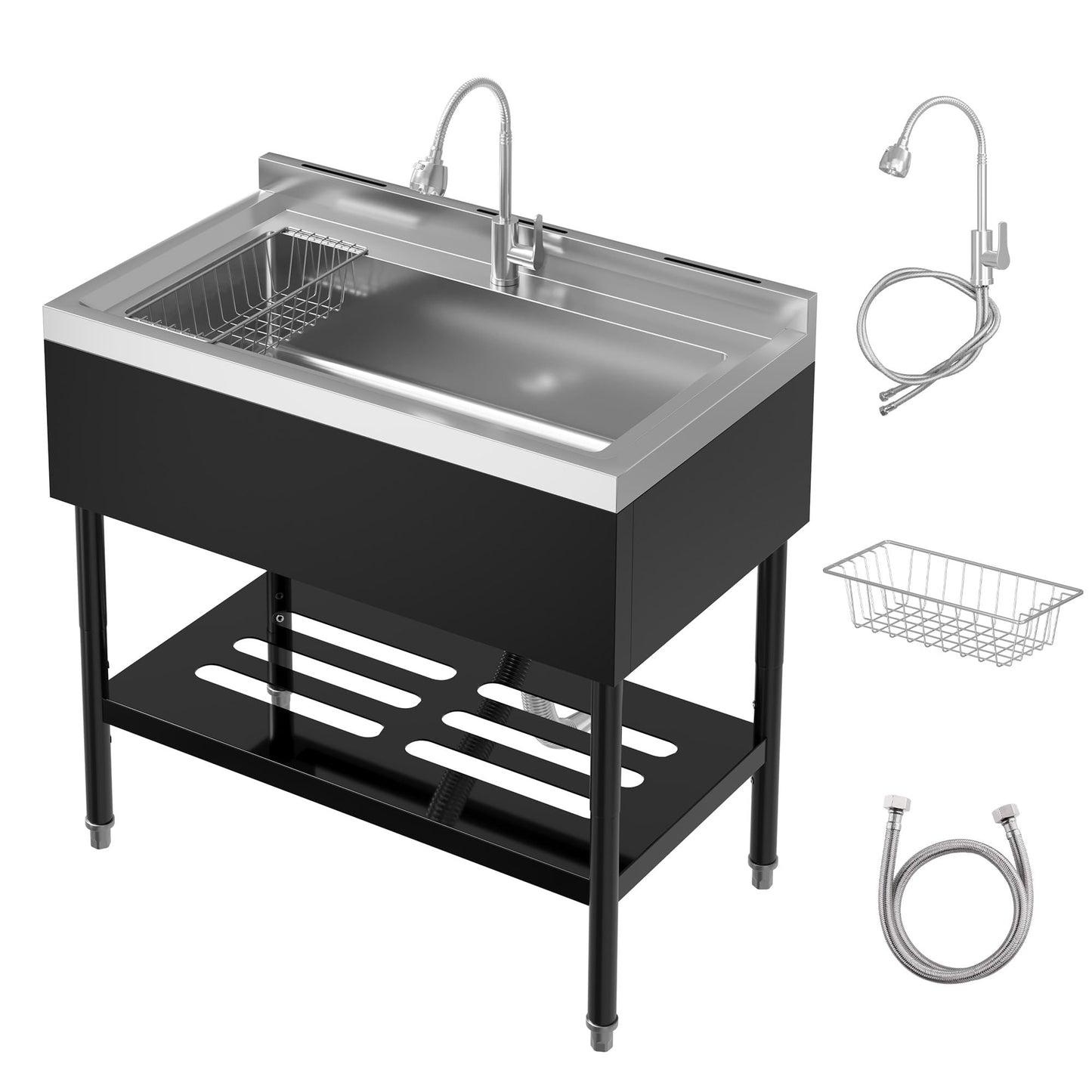 Garvee 20"D X 36"W X 35.5"H Commercial Stainless Steel Utility Sink, Black, Freestanding Kitchen Sink with Hot & Cold Water Faucet for Indoor and Outdoor Use