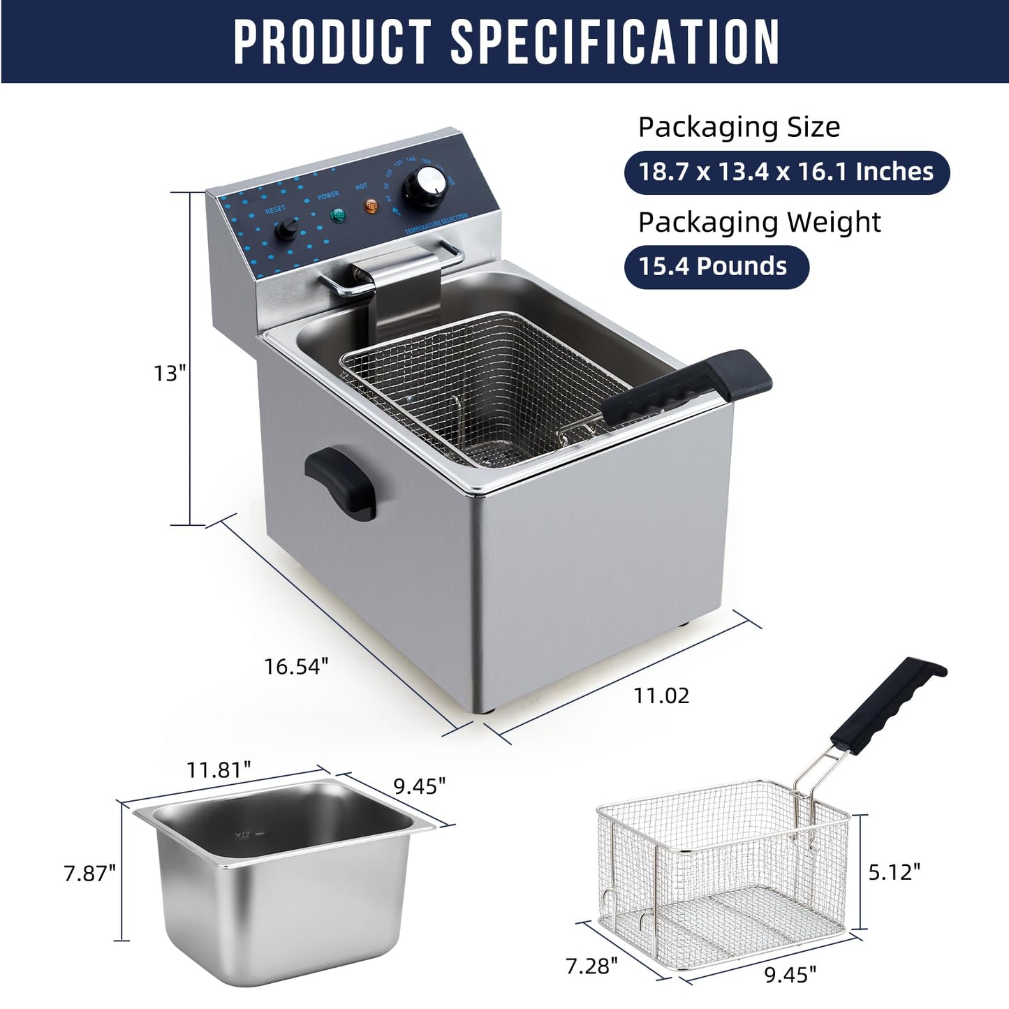 Garvee 8L 1600 Watts Electric Deep Fryer - Stainless Steel Commercial Single Tank with Adjustable Temp (140-392°F) & Basket - Countertop Fryer for Kitchen/Restaurant