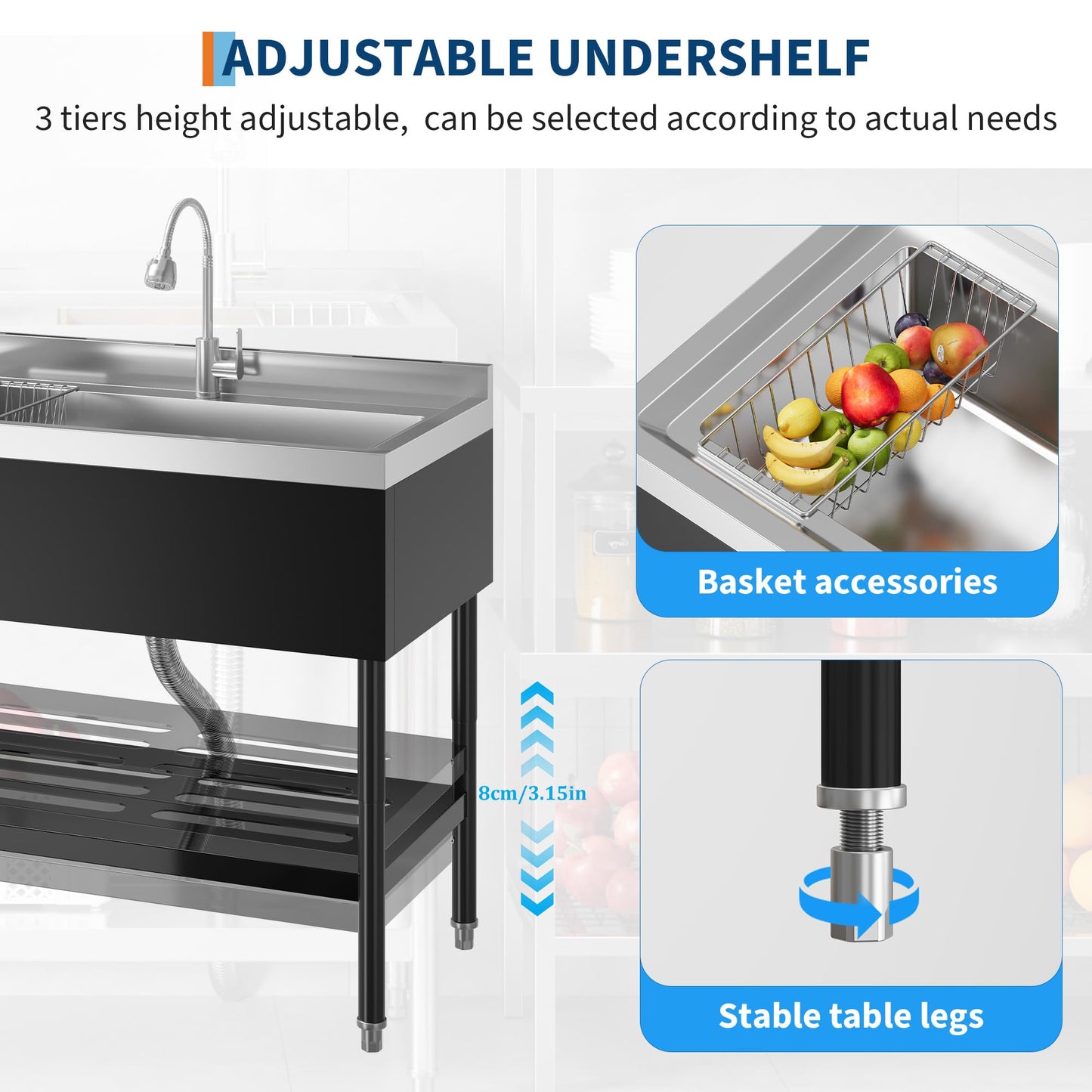 Garvee 20"D X 36"W X 35.5"H Commercial Stainless Steel Utility Sink, Black, Freestanding Kitchen Sink with Hot & Cold Water Faucet for Indoor and Outdoor Use