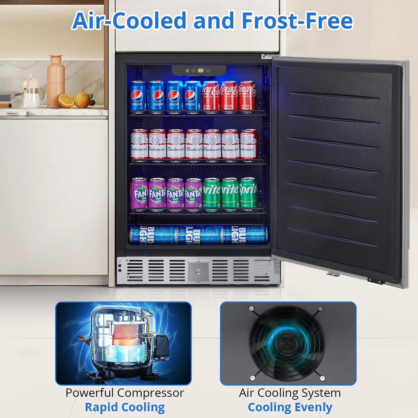 Garvee 24Inch Indoor Beverage Refrigerator Weather Resistant Stainless Steel Beverage Cooler for Up to 180 Cans, Built-in or Freestanding Use