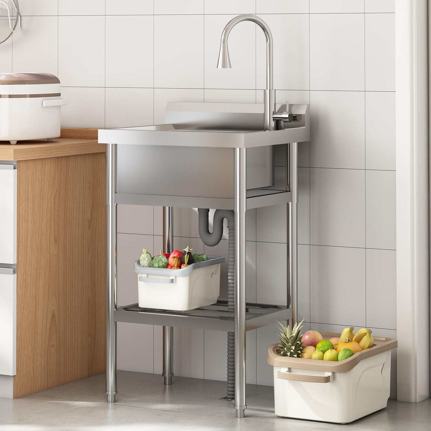 Garvee 24"W x 20"D x 42"H Stainless Steel Utility Sink - Free Standing Single Bowl with Hot & Cold Faucet for Kitchen, Laundry, Restaurant, Garage, Garden