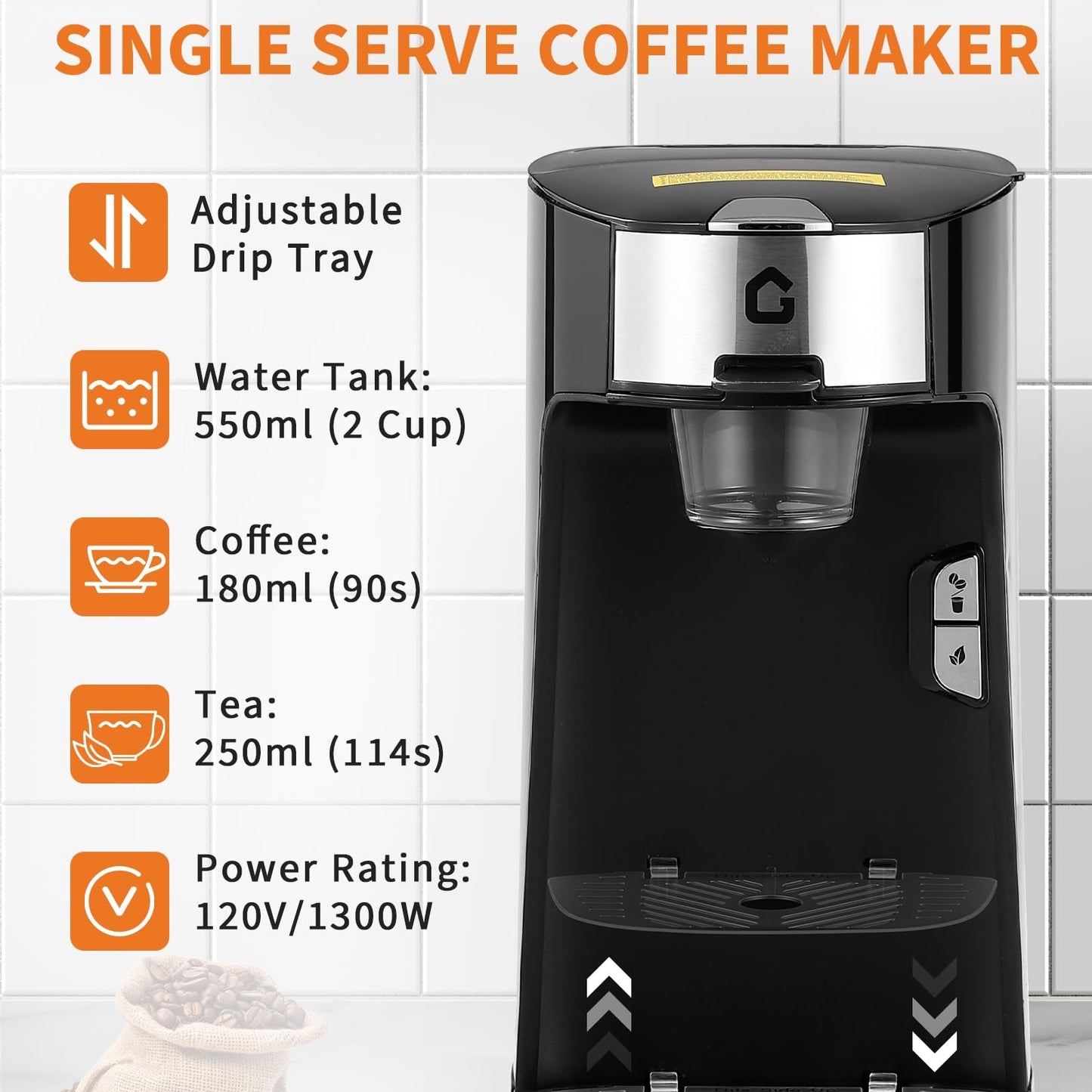 Garvee Single Serve Coffee Maker - Portable and Compact with 18.6 Oz Water Tank, Adjustable Tray, Perfect for Home, Office, RV, and Camping