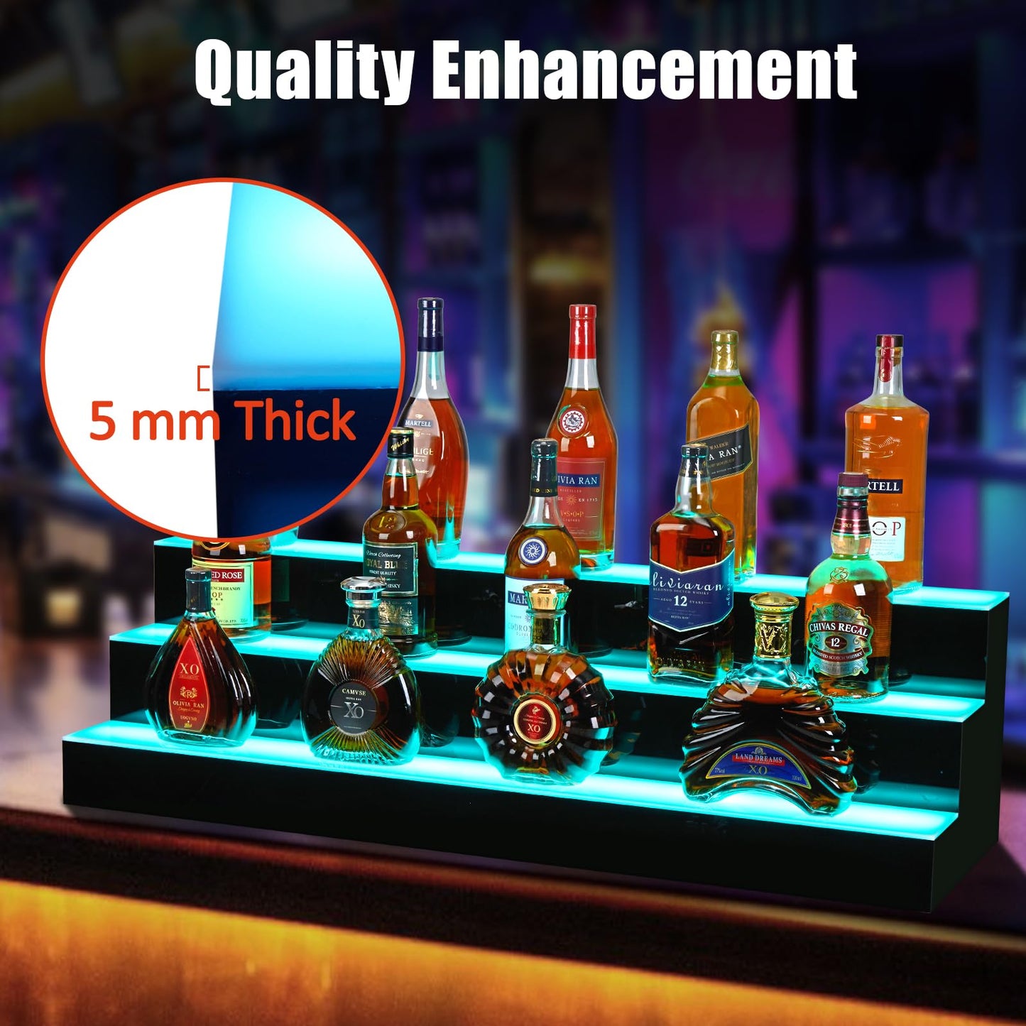 Garvee Led Lighted Liquor Bottle Shelf, 3 Tiers 40 Inches Led Bar Display Shelf With Remote & App Control, 16 Colors, 4 Modes, 1-8 H Timing, Bar Lights for Liquor Shelves