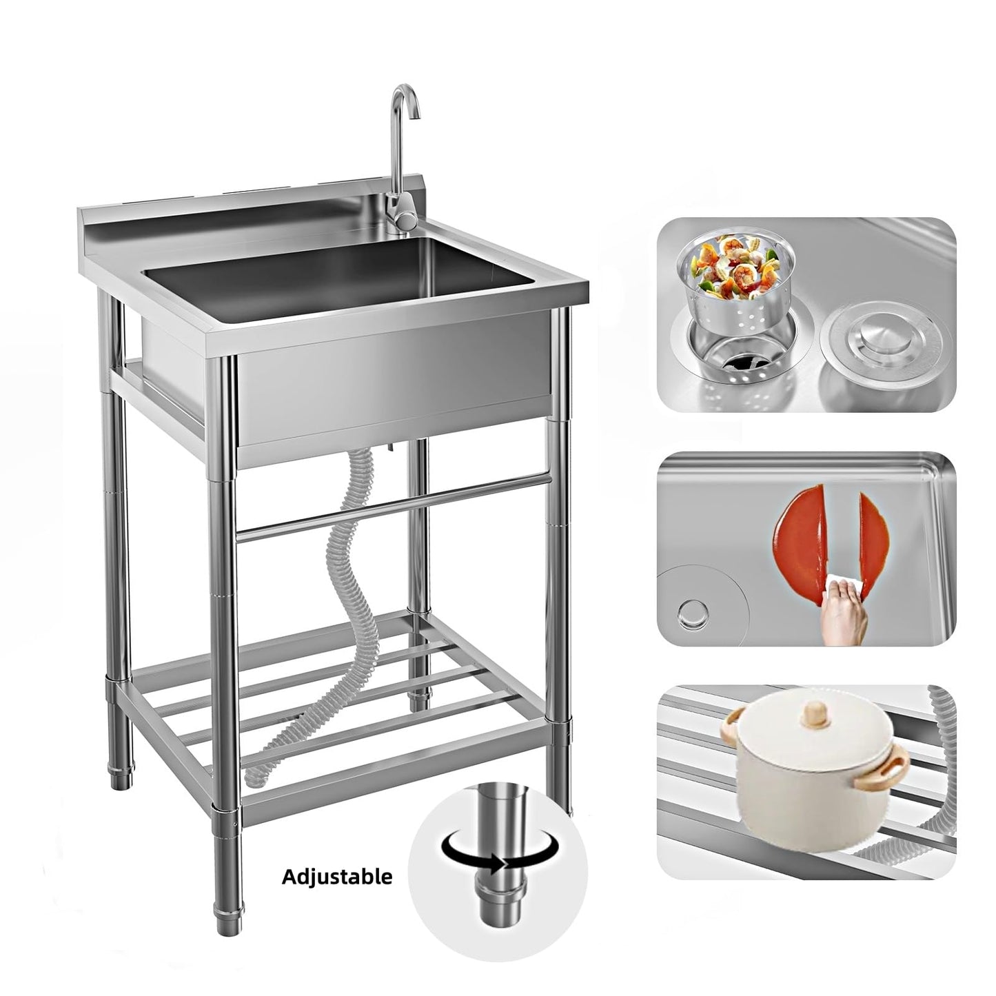 Garvee 20"D X 24"W X 41"H Free Standing Utility Sink Single Bowl Stainless Steel Commercial Kitchen Sink With Hot And Cold Water Pipe Indoor Outdoor