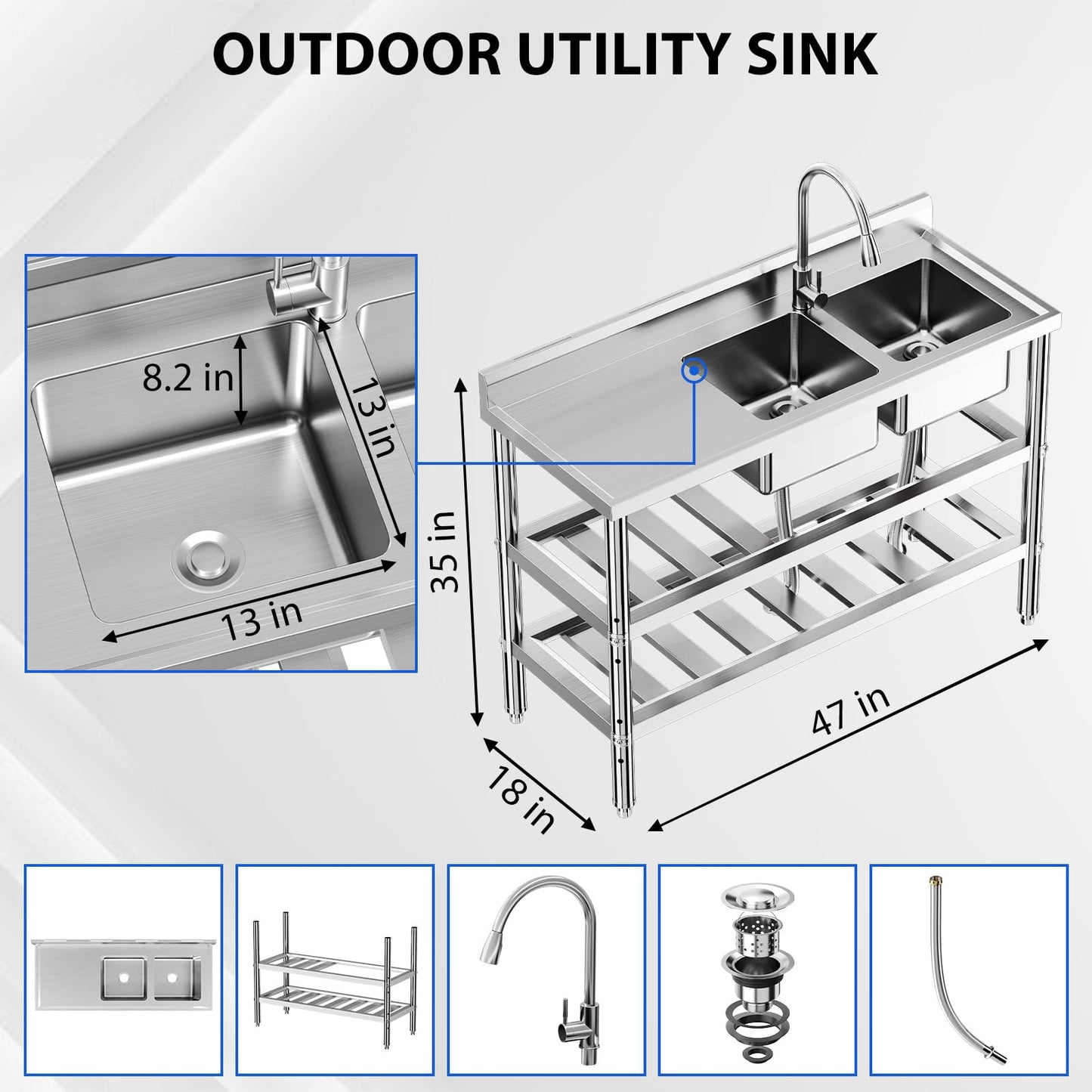GARVEE 47"x18"x35" Stainless Steel Double Bowl Utility Sink with 360° Rotating Faucets High-Quality Build Ideal for Restaurant Garage Outdoor Cleaning Tasks
