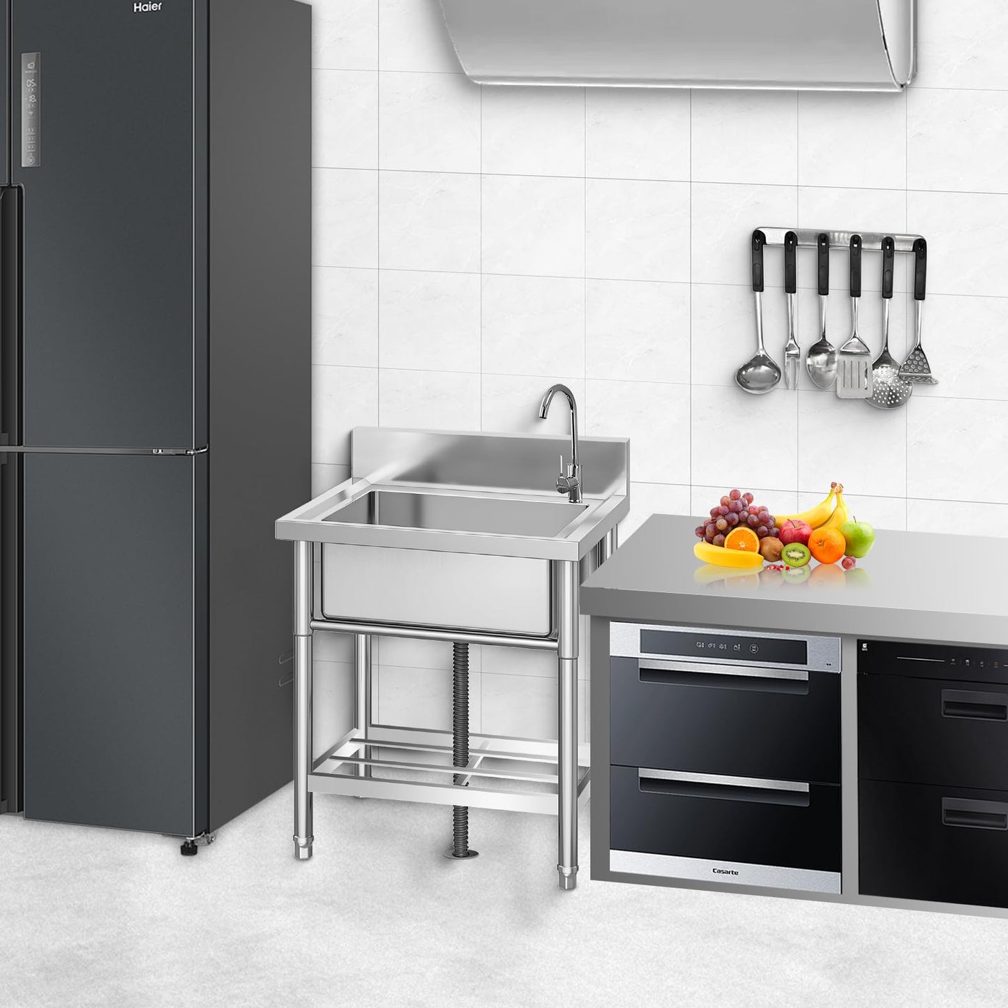 Garvee 19.7"W x 21.7"D x 33.5"H Freestanding Single Bowl Sink - Utility Prep Sink with Undershelf, Faucet, Hot & Cold Water Pipes for Restaurant, Laundry, Garage, Bar, Workshop