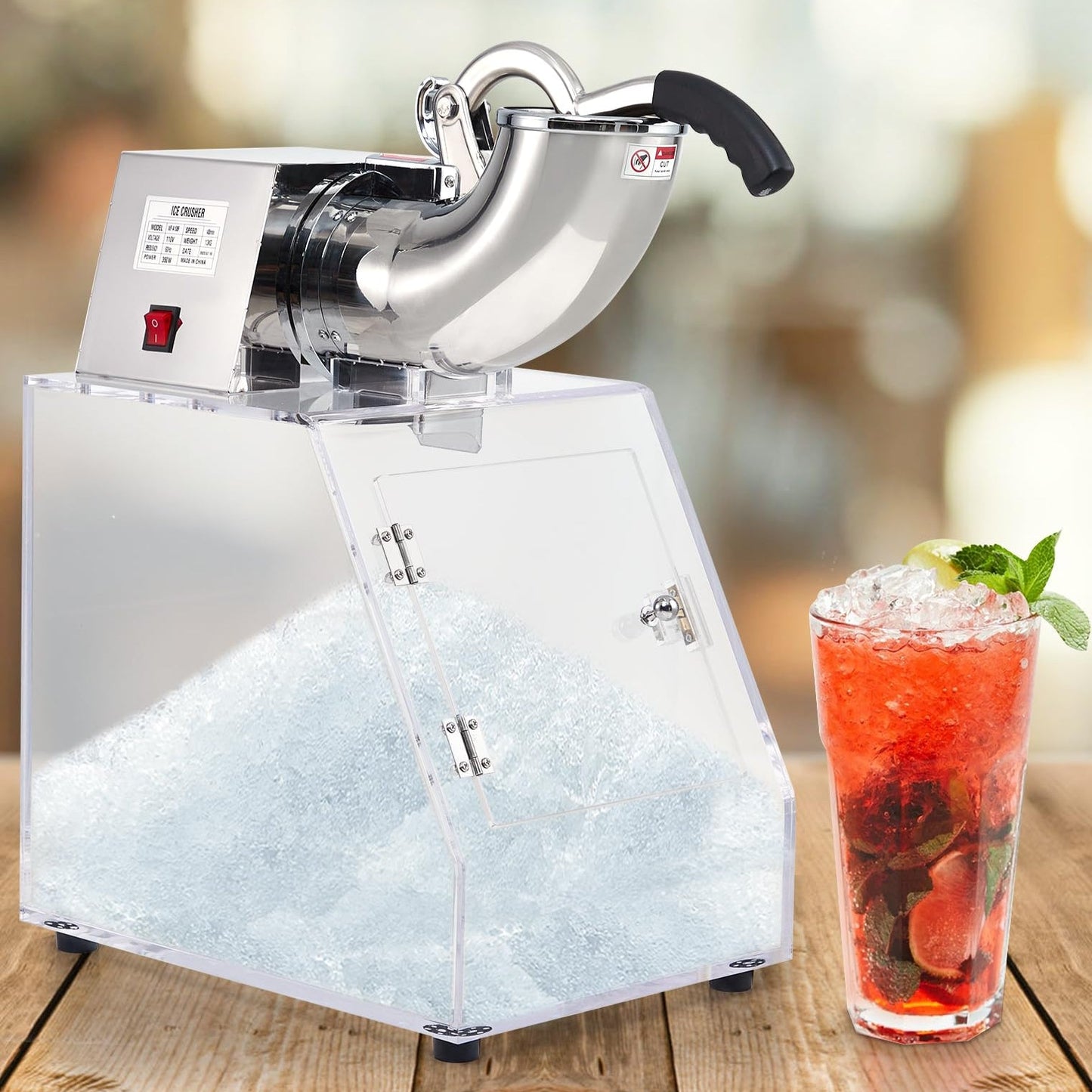Garvee Commercial Ice Crusher Shaver Snow Cone Maker, Stainless Steel Electric Snow Cone Machine with Dual Blades, Acrylic Box, Safety On/Off Switch, Shaved Ice Machine for Home, Restaurants, Bars
