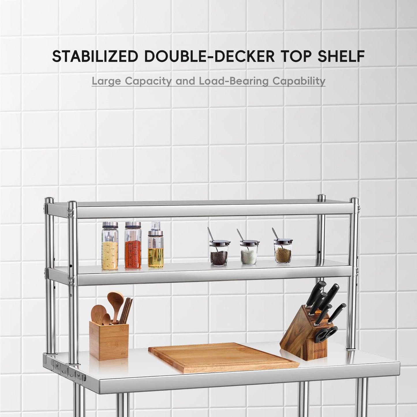 GARVEE 30"L x 24"W x 55"H Stainless Steel Table with Overshelves - Commercial Work Table with 30" x 12" Shelf, Kitchen Prep Table & Shelving Combo