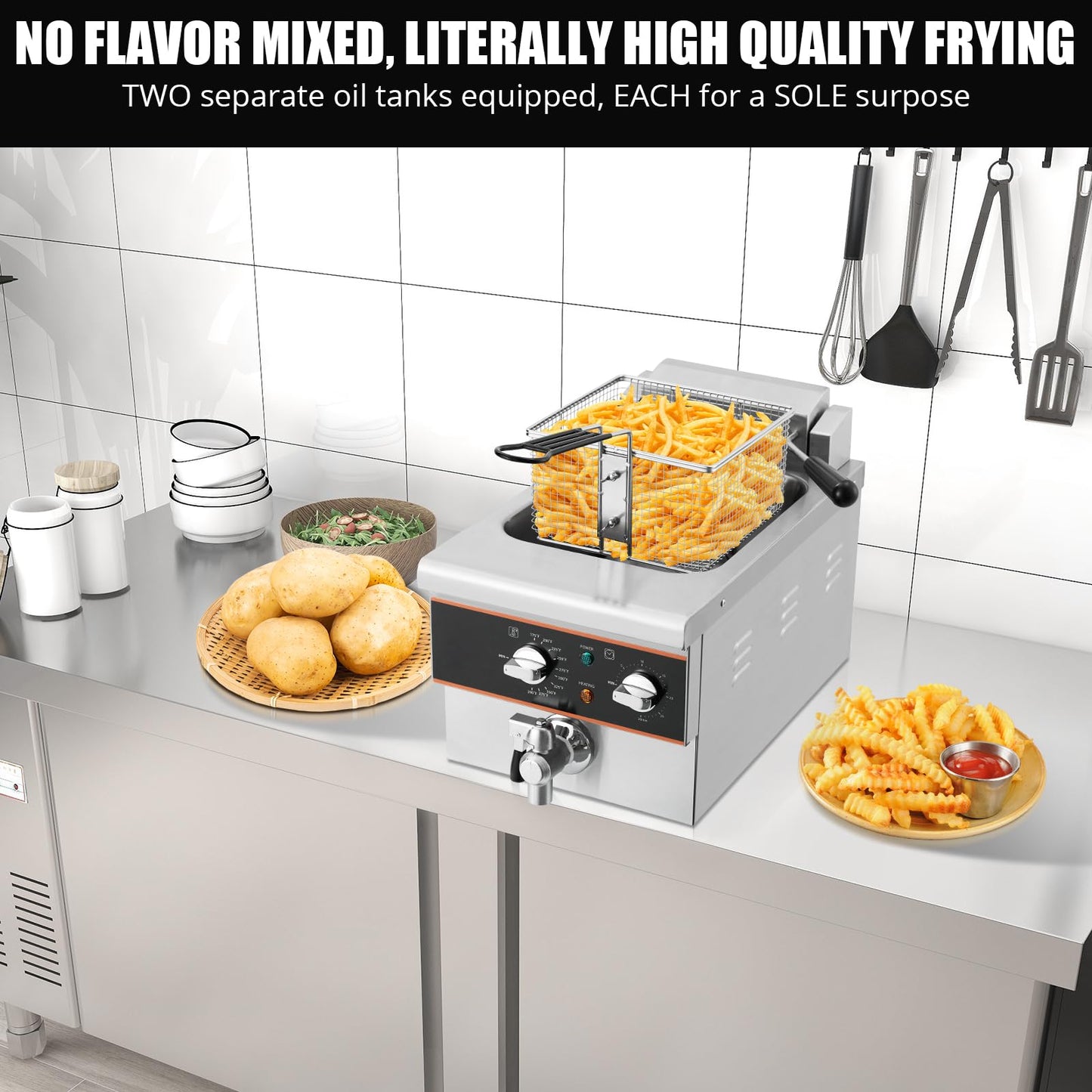 Garvee 6L Electric Deep Fryer, Countertop Fryers with Oil Drain, Timer, Rotary fryer head, Stainless Steel Commercial Deep Fryers for Home Kitchen and Restaurant, 1800W 120V