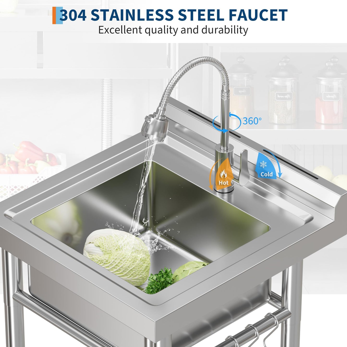 Garvee 20"D x 20"W x 31.5"H Small Stainless Steel Utility Sink Freestanding Single Bowl Kitchen Sink with Hot & Cold Water Faucet for Laundry Room Compact Apartments Basement Garage