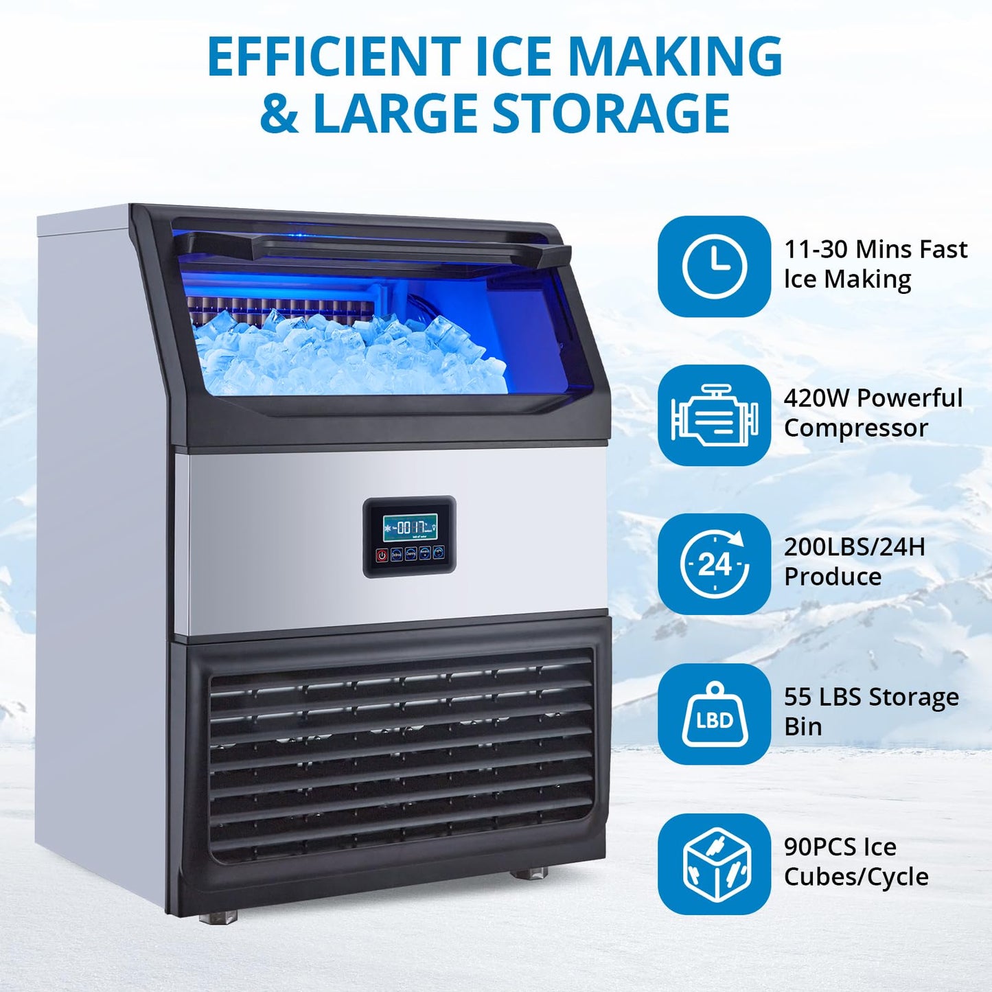 Garvee Commercial Ice Maker Machine, 200LB/24H Stainless Steel Under Counter Ice Maker with 55LBS Storage Capacity, 90 Ice Cubes Ready in 11-18Mins for Home, Bar, Restaurant, Outdoor Activities