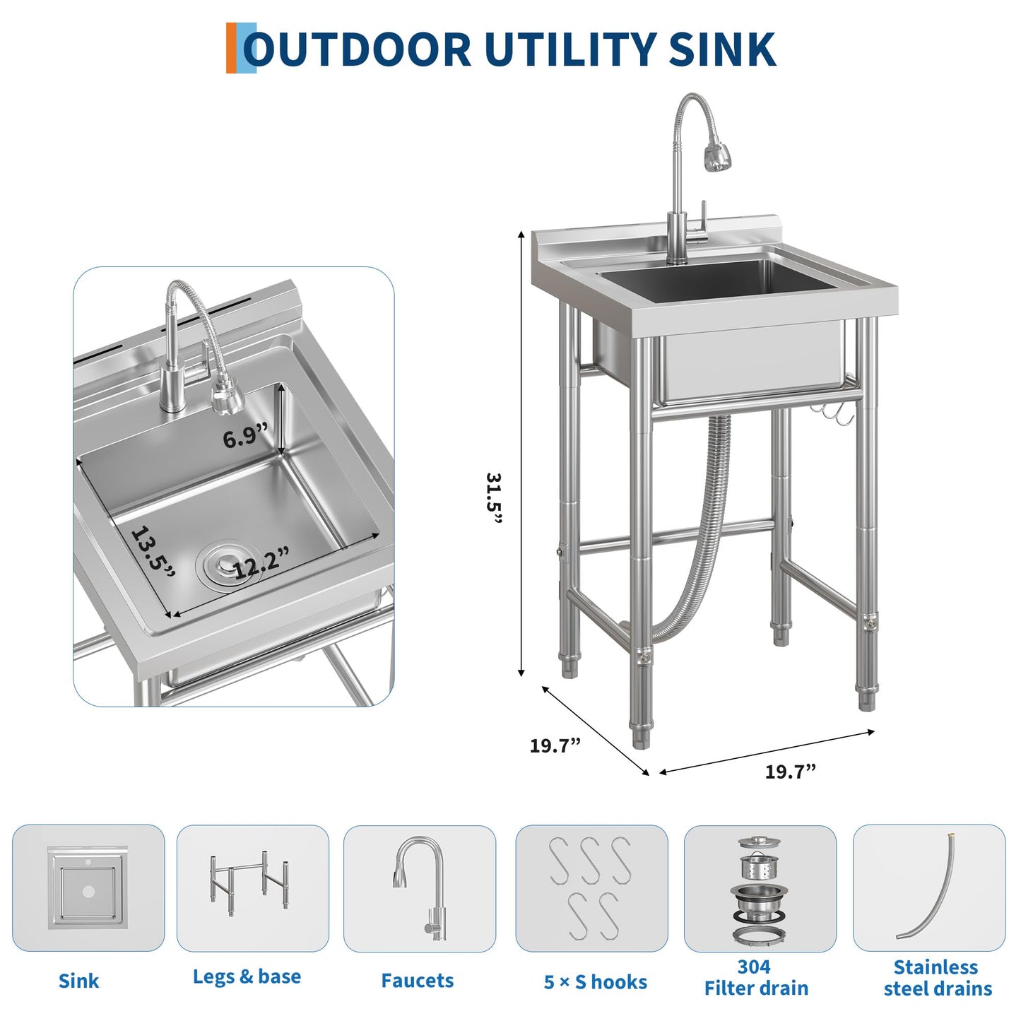 Garvee 20"D x 20"W x 31.5"H Small Stainless Steel Utility Sink Freestanding Single Bowl Kitchen Sink with Hot & Cold Water Faucet for Laundry Room Compact Apartments Basement Garage