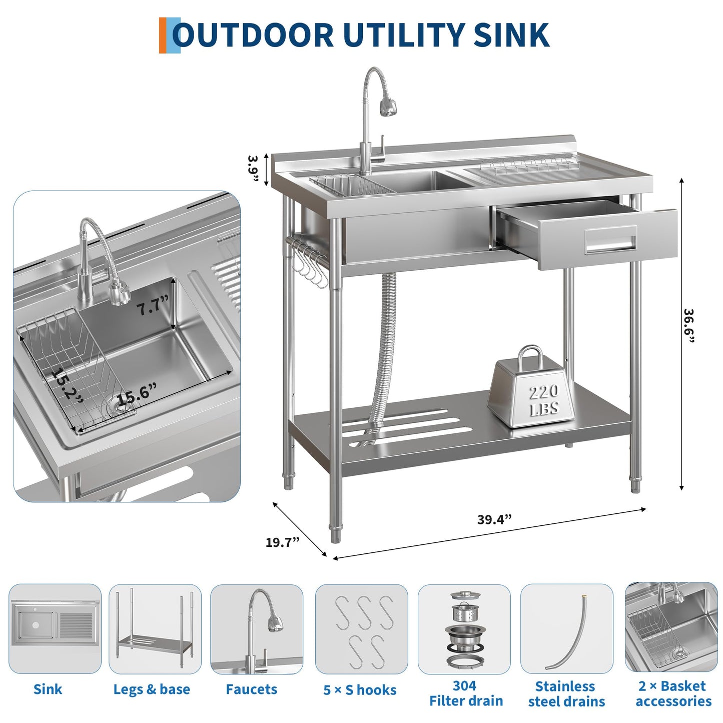 Garvee 20"D X 40"W X 39"H Commercial Stainless Steel Utility Sink Freestanding Single Bowl Kitchen Sink with Cold & Hot Water Faucet Laundry Room Garage Rust-Resistant