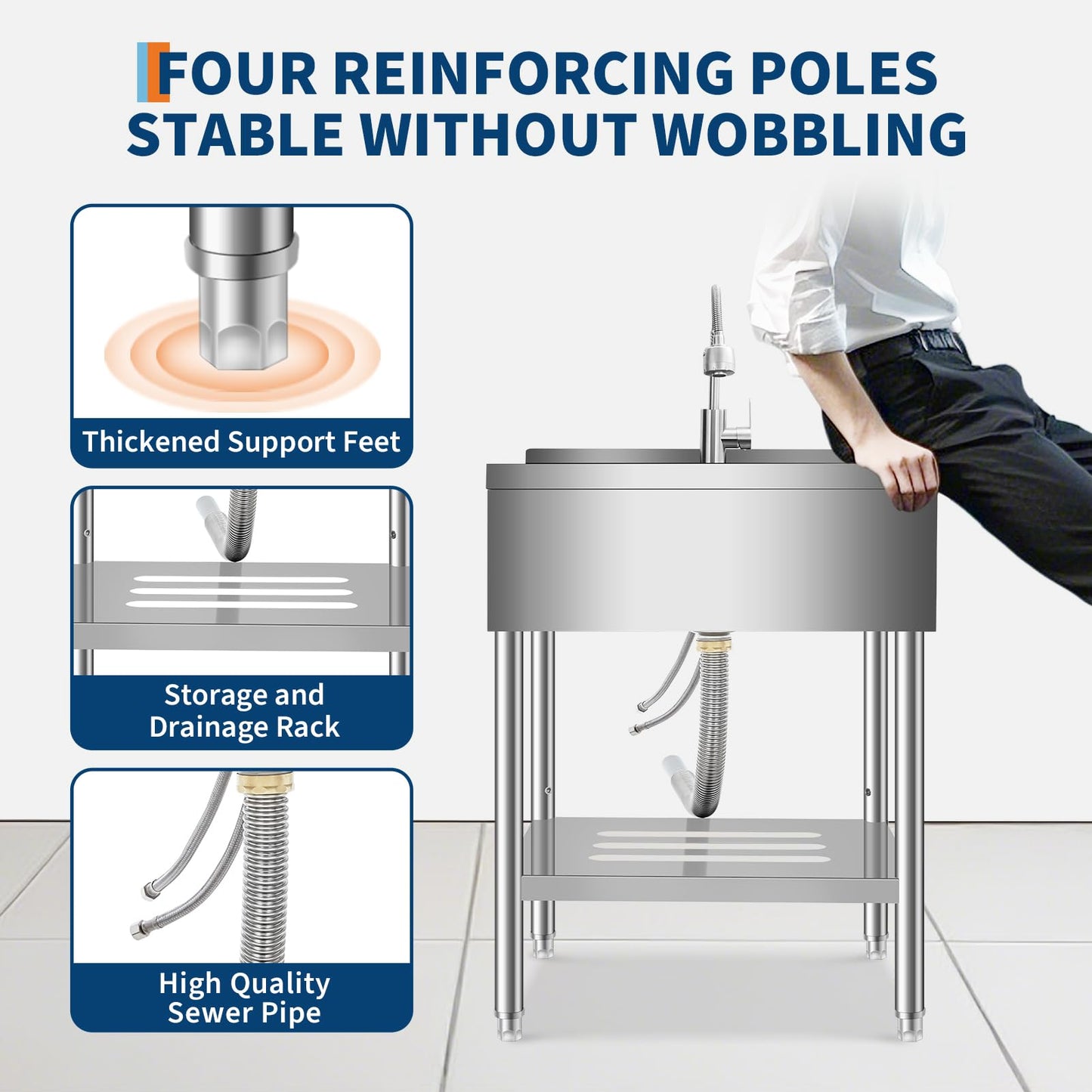 Garvee 20"D  X 36"W X 35.5"H Stainless Steel Utility Sink Freestanding Commercial Sink Adjustable Leg Hot and Cold Faucet Large Laundry Tub Kitchen Garage Bathroom Outdoor