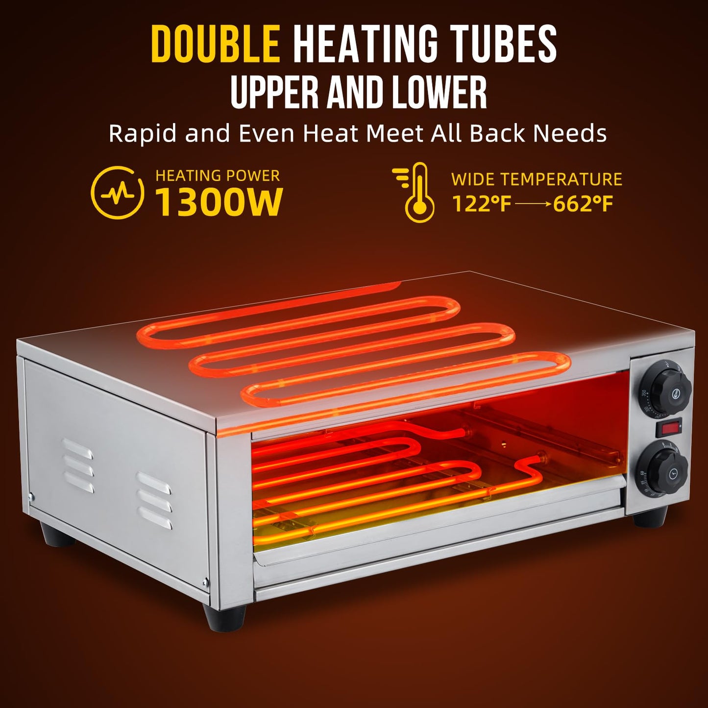 GARVEE 16" Commercial Pizza Oven -1300W Countertop Stainless Steel, with Grilling Rack & Crumb Tray, for Restaurant/Home Use