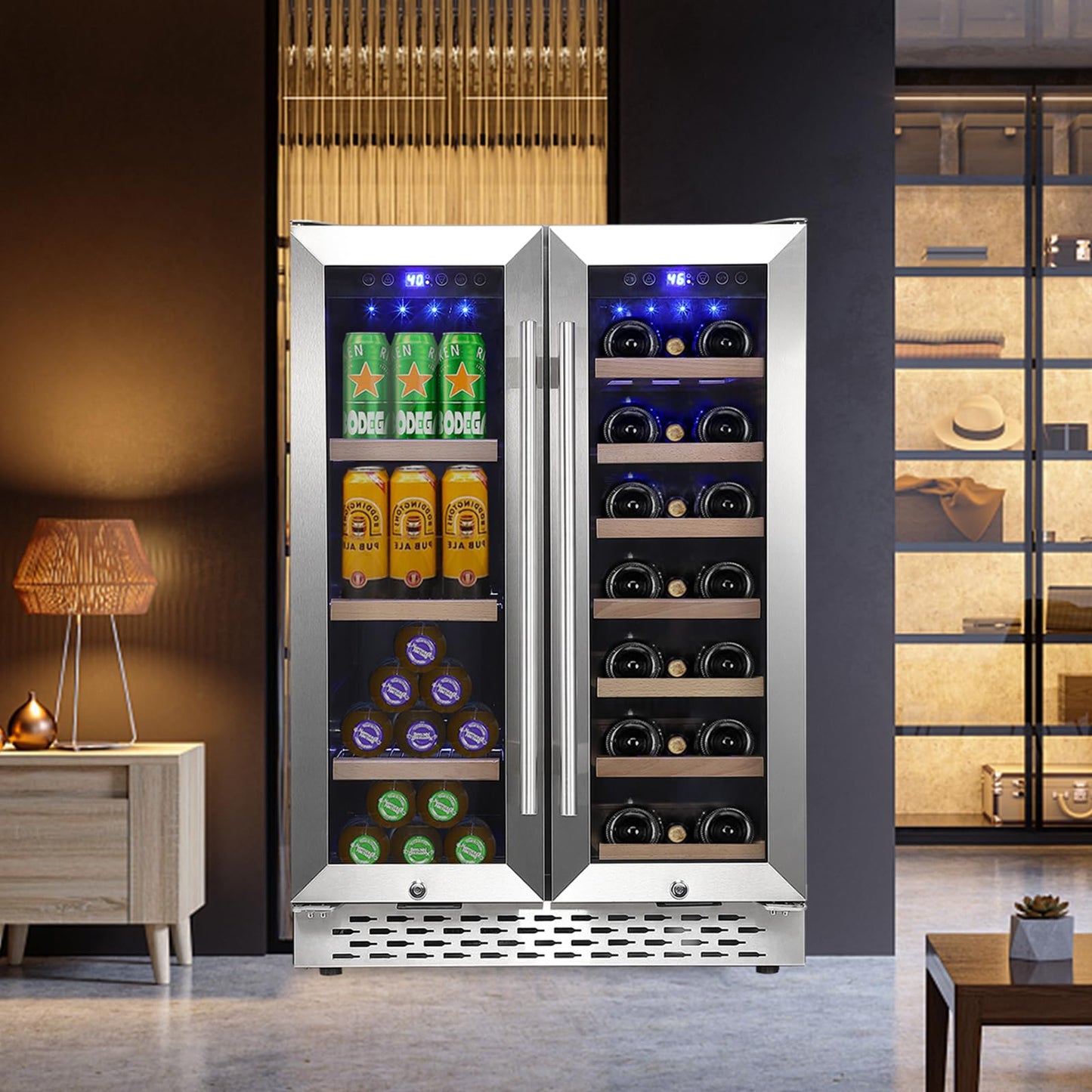 Garvee Wine and Beverage Refrigerator 24 Inch Dual Zone Wine Cooler with 40 Bottles Wine Capacity, 120L Built-in and Freestanding,with Independent Temperature Control,Upgraded Compressor,Quiet