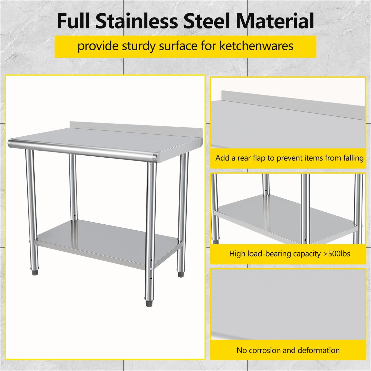 GARVEE 48"L x 24"W x 35"H Stainless Steel Prep Table - Commercial Heavy-Duty Work Table with Adjustable Undershelf and Backsplash for Kitchen, Restaurant, Home, and Hotel
