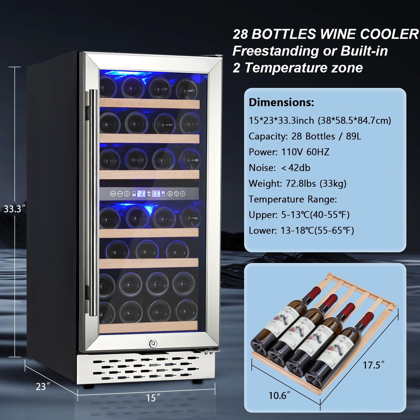 Garvee Wine Cooler Refrigerator 28 Bottles, Dual Zone Wine Fridge with Glass Door, Adjustable Shelves, Digital Temperature Control for Red, White and Champagne, Freestanding/Built-in
